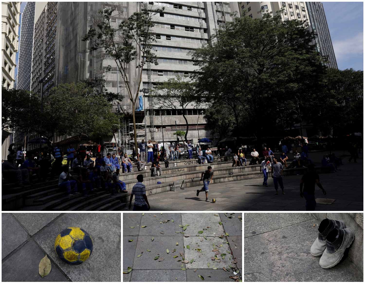 No Rio de Janeiro, no Brasil, v&aacute;rios construtores civis aproveitam a pausa de almo&ccedil;o para jogarem uma partida de futebol. O pr&eacute;dio em constru&ccedil;&atilde;o aparece nas traseiras. Foto: Ricardo Moraes - Reuters 