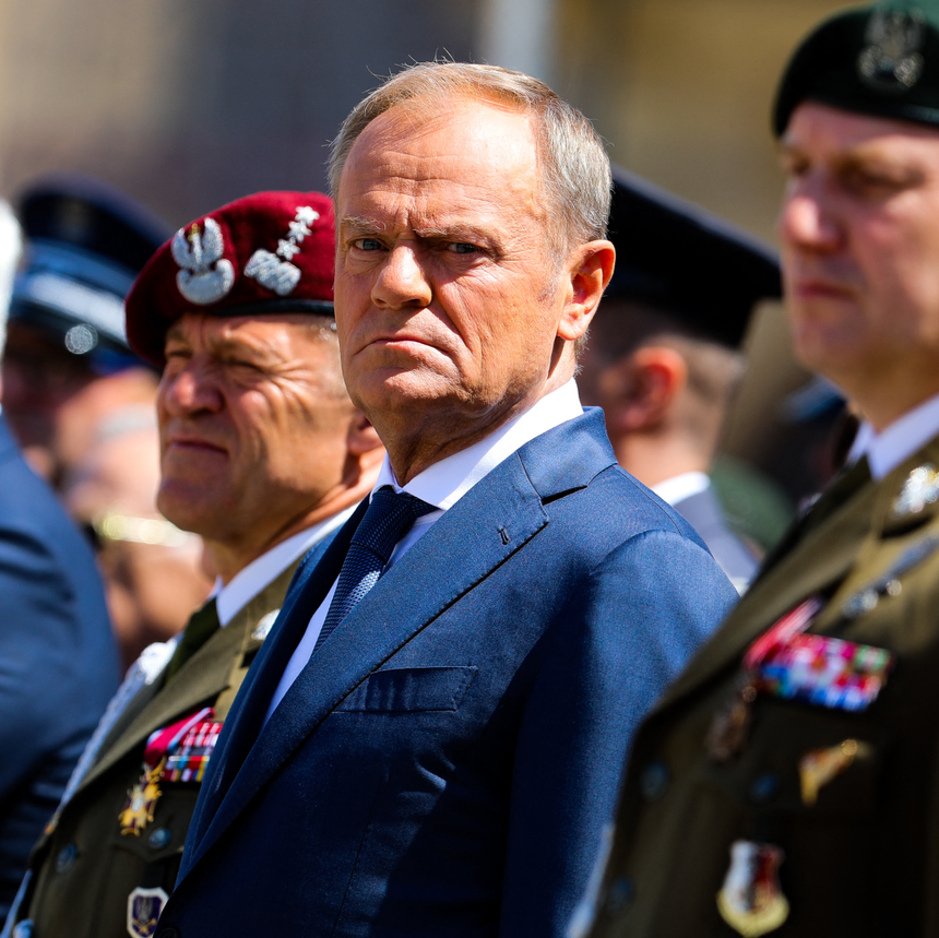 O primeiro-ministro polaco, Donald Tusk, numa cerimónia em Cracóvia, no dia 18 de maio de 2024.
