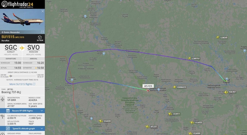 Imagem da rota seguida pelo avião russo desviado
