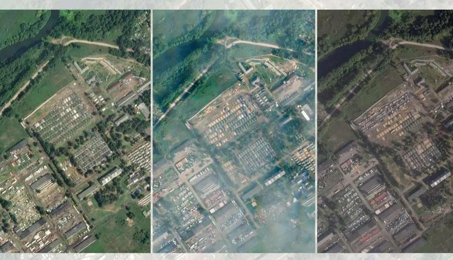 Tr&ecirc;s imagens da base Tsel na Bielorr&uacute;ssia obtidas em julho, agosto e e setembro de 2023 pela Foto Labs via Reuters