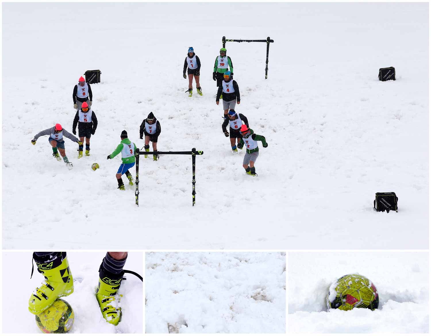  As baixas temperaturas de Sestriere, na It&aacute;lia, n&atilde;o parecem ser um entrave para a pr&aacute;tica de futebol. Na imagem v&ecirc;-se um grupo de professores de um clube de ski a praticar o desporto que s&oacute; &eacute; poss&iacute;vel a usar botas pr&oacute;prias de ski. Foto: Stefano Rellandini - Reuters  
