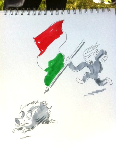  Com ironia, o cartoonista relembra qu&atilde;o inofensivo &eacute; o seu material de pintura quando comparado como a haste da bandeira do seu advers&aacute;rio de corrida. 