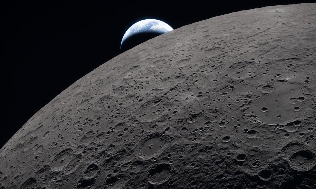  6 de abril de 2026, durante a passagem da tripula&ccedil;&atilde;o da miss&atilde;o Artemis II pela Lua. A imagem apresenta um crescente de uma Terra azulada e discreta, com nuvens brancas brilhantes, a surgir atr&aacute;s da superf&iacute;cie lunar repleta de crateras. A parte escura da Terra est&aacute; em per&iacute;odo noturno. No lado diurno da Terra, nuvens rodopiantes s&atilde;o vis&iacute;veis sobre a regi&atilde;o da Austr&aacute;lia e Oce&acirc;nia. Em primeiro plano, a cratera Ohm apresenta bordas em terra&ccedil;os e um fundo plano interrompido por picos centrais. Os picos centrais se formam em crateras complexas quando a superf&iacute;cie lunar, liquefeita pelo impacto, &eacute; lan&ccedil;ada para cima durante a forma&ccedil;&atilde;o da cratera. Cr&eacute;ditos: NASA 