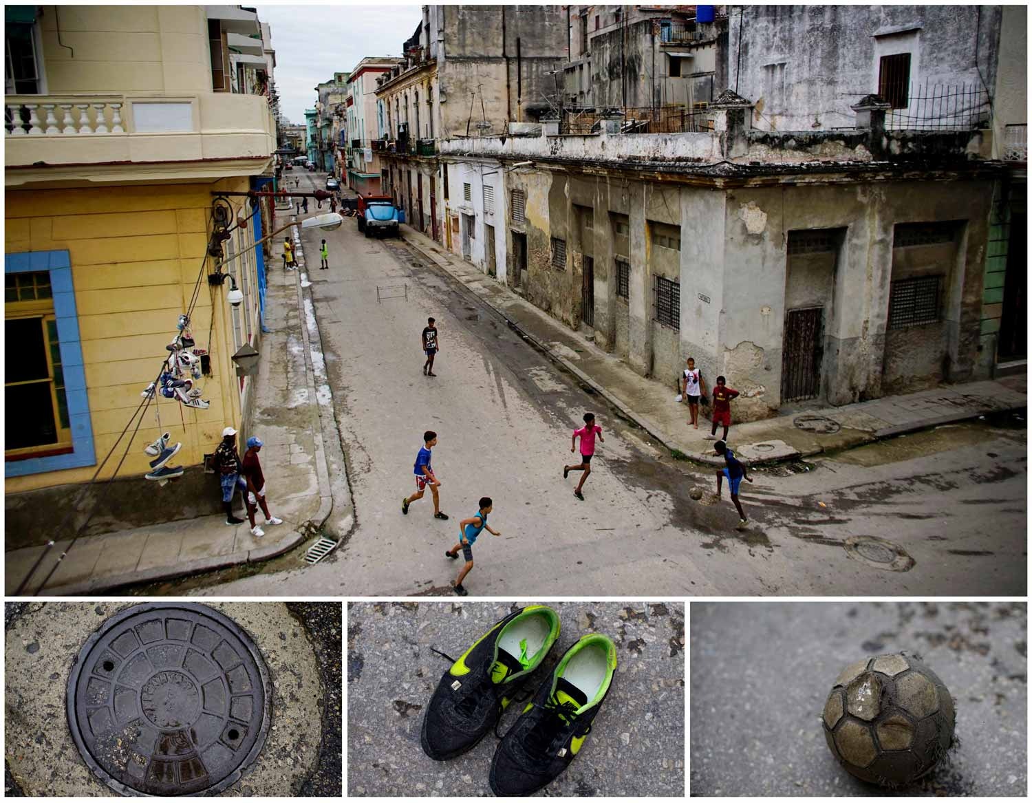  No meio das ruas de Havana, em Cuba, um grupo de crian&ccedil;as joga futebol. Foto: Alexandre Meneghini - Reuters 
