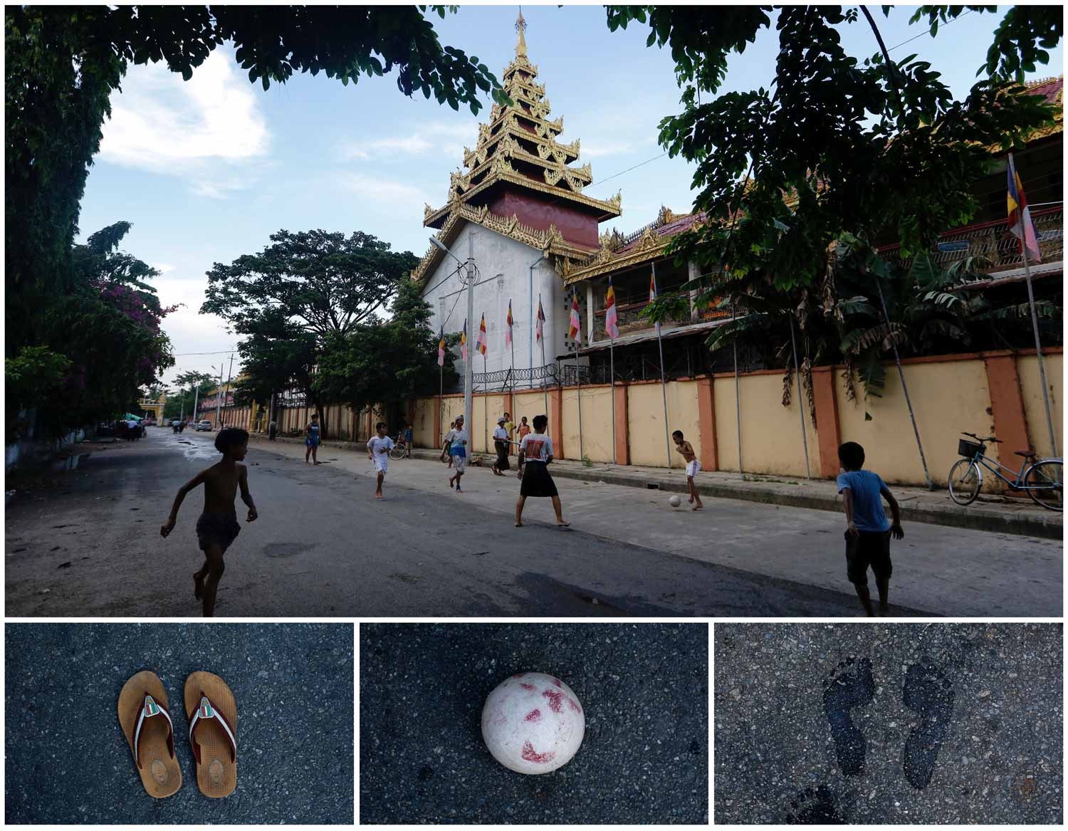  A combina&ccedil;&atilde;o de imagens mostra v&aacute;rias crian&ccedil;as a jogar futebol numa rua na cidade de Rangum, em Myanmar, em frente ao templo de Botataung. Foto: Ann Wang - Reuters 