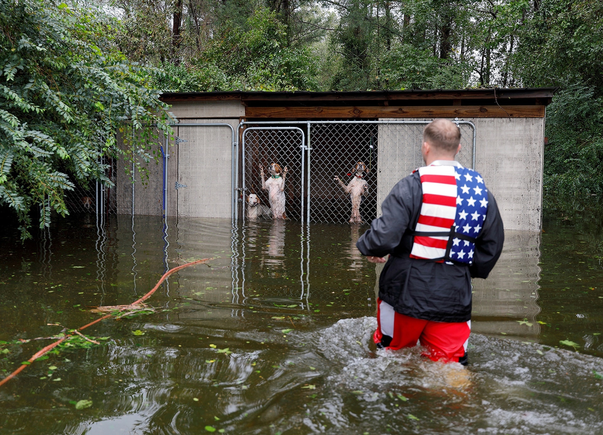  A passagem do furac&atilde;o Florence inundou a Carolina do Norte e v&aacute;rios foram os volunt&aacute;rios que foram socorrer pessoas e animais /Jonathan Drake - Reuters 