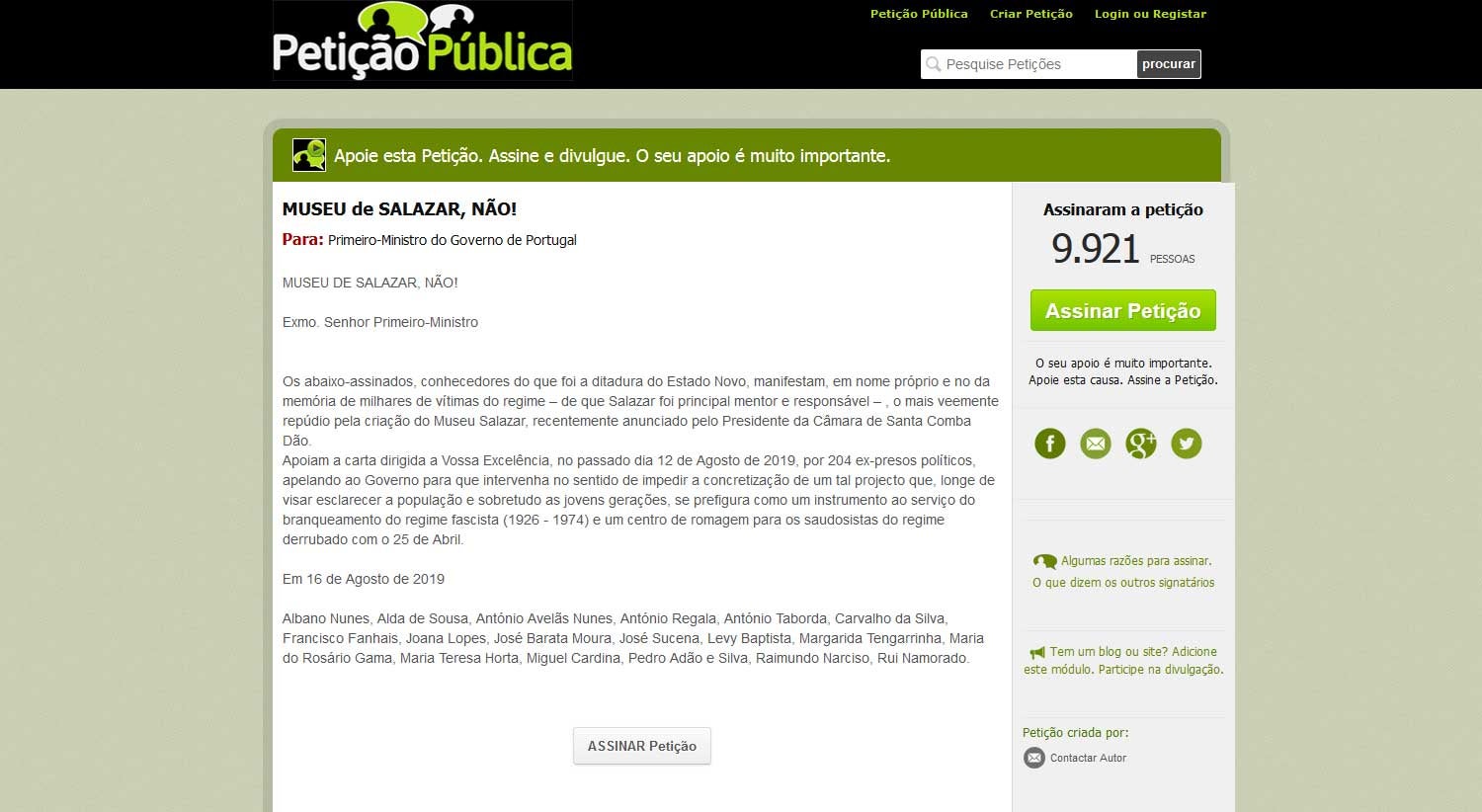 Peti��o contra Museu do Estado Novo tem quase 10.000 subscritores