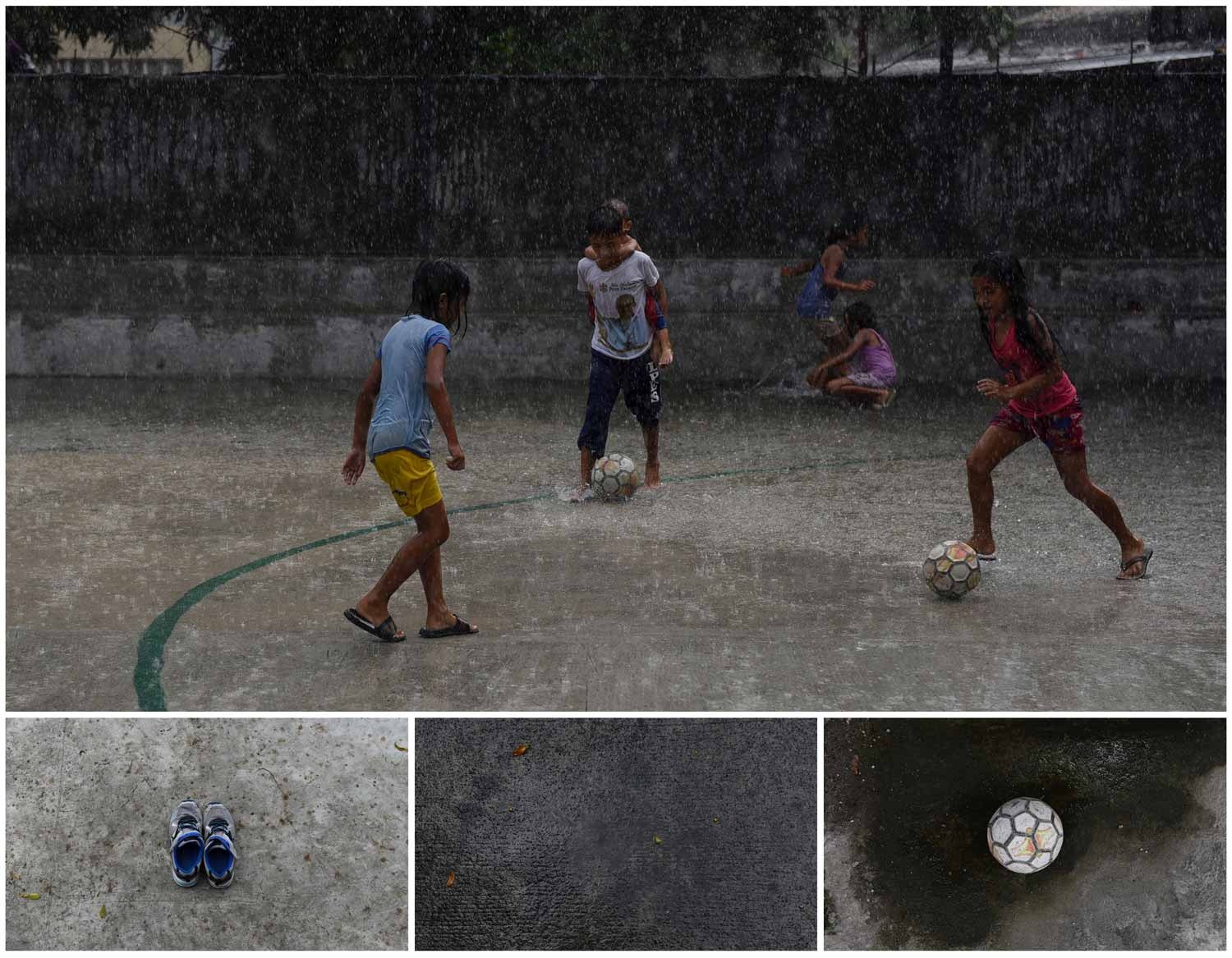  A chuva n&atilde;o &eacute; impedimento para uma partida de futebol entre crian&ccedil;as na Cidade Quezon, nas Filipinas. Foto: Dondi Tawatao - Reuters 