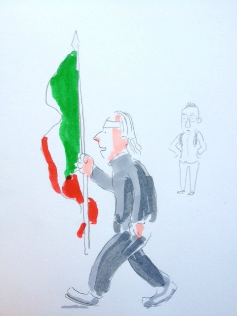  &Agrave; entrada, Christoph Niemann foi parado pela seguran&ccedil;a por elvar com ele materiais de pintura. O artista viu um italiano entrar com uma enorme bandeira do seu pa&iacute;s... 