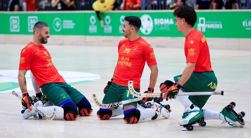 Imagem de Portugal na final do torneio GoldenCat de hóquei após vencer França nos penáltis