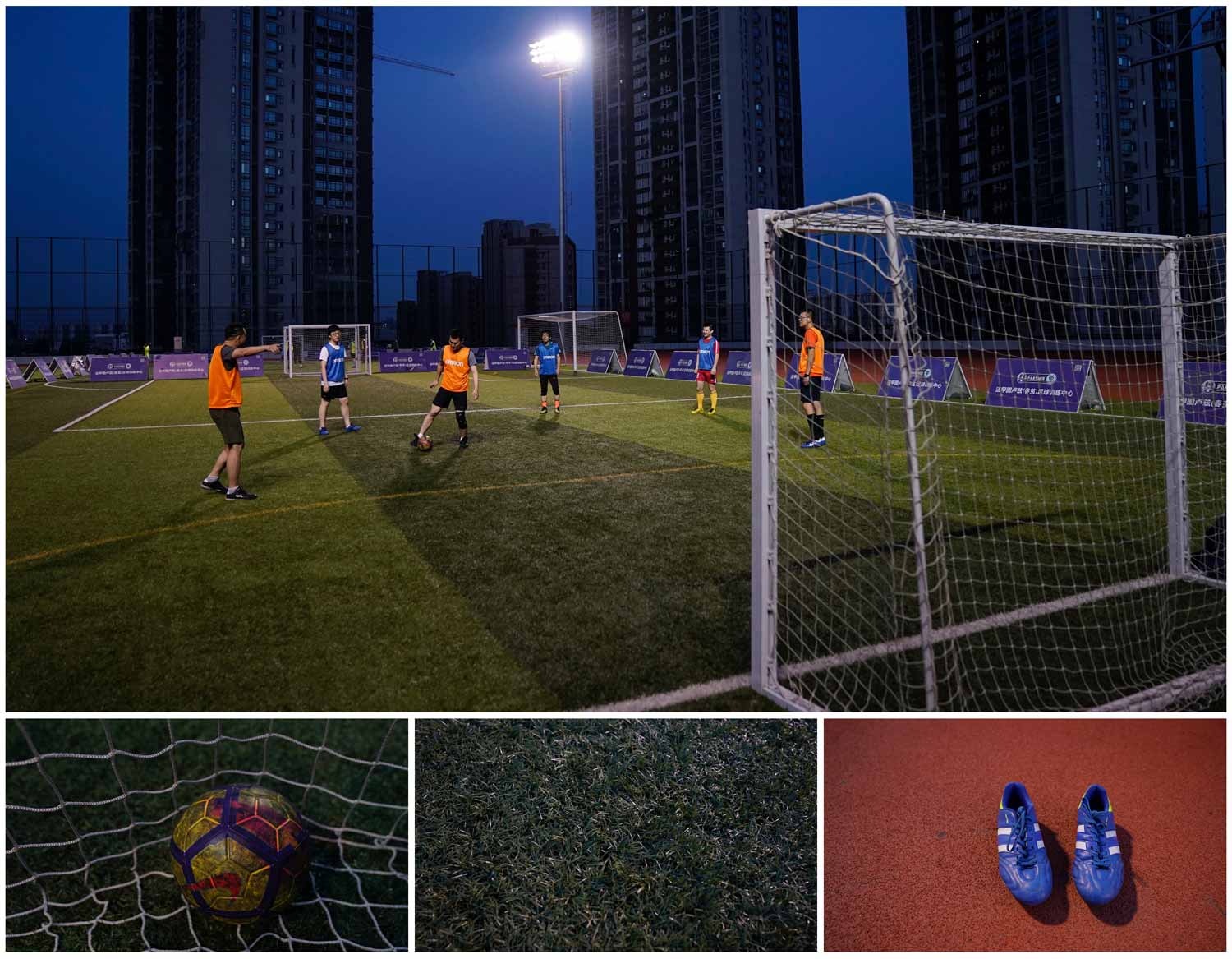  A combina&ccedil;&atilde;o de fotografias mostra um grupo de homens a jogar futebol num campo aberto em Xangai, na China. Foto: Aly Song - Reuters  