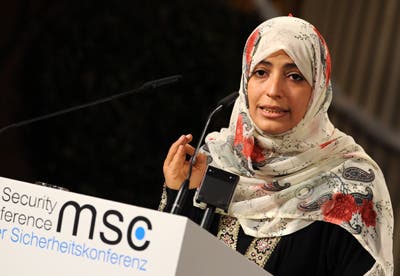 Tawakkul Karman, ativista do Iémen, fala da questão da Síria na Conferência de Segurança na Alemanha. Por Tobias Hase/EPA Tobias Hase/EPA