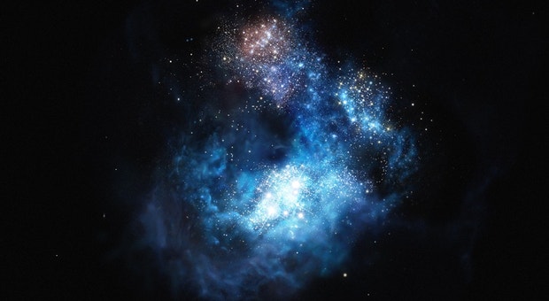 criação artística da Galáxia CR7 que se encontra a 13 mil milhões de anos luz da Terra.
