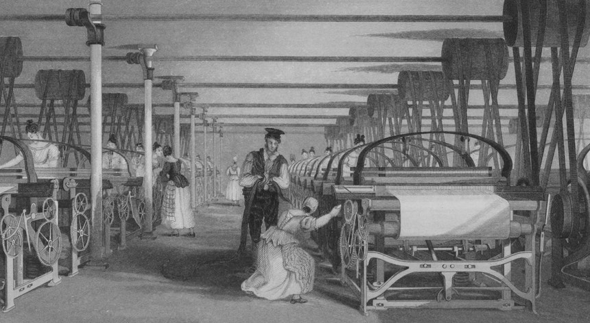 Grã-Bretanha, 1835. Tecelagem de algodão em tear mecânico criado por Richard Roberts

