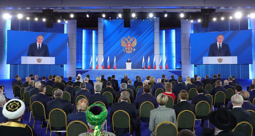 Vladimir Putin, Presidente da Rússia, no seu discurso à nação a 21 de abril de 2021 Foto: Reuters