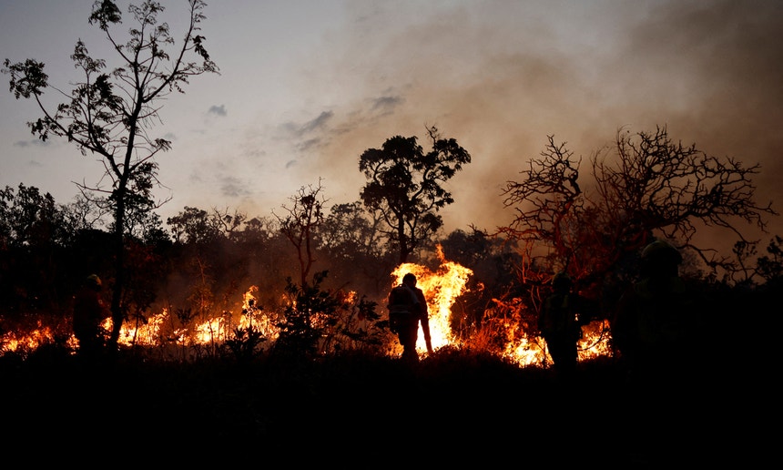 Bombeiros trabalham para extinguir incêndio florestal na área da Reserva Biológica de Contagem, em Brasília, no Brasil, 24 de setembro de 2024. 
