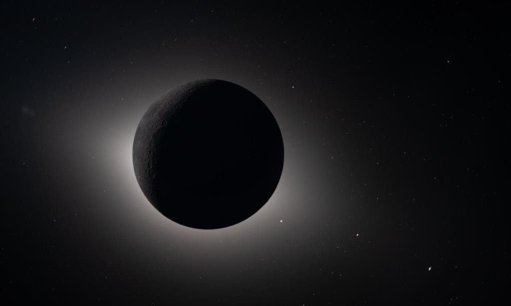  Esta imagem mostra a Lua eclipsando completamente o Sol. Da perspectiva da tripula&ccedil;&atilde;o, a Lua parece grande o suficiente para bloquear completamente o Sol, criando quase 54 minutos de totalidade e ampliando a vis&atilde;o muito al&eacute;m do que &eacute; poss&iacute;vel da Terra. A coroa solar forma um halo brilhante ao redor do disco lunar escuro, revelando detalhes da atmosfera externa do Sol, normalmente ocultos por seu brilho. Tamb&eacute;m s&atilde;o vis&iacute;veis estrelas, geralmente muito t&eacute;nues para serem vistas ao fotografar a Lua, mas com a Lua na escurid&atilde;o, as estrelas s&atilde;o facilmente observadas. Este ponto de vista &uacute;nico proporciona tanto uma imagem impressionante quanto uma oportunidade valiosa para os astronautas documentarem e descreverem a coroa solar durante o retorno da humanidade ao espa&ccedil;o profundo. O t&eacute;nue brilho do lado vis&iacute;vel da Lua &eacute; vis&iacute;vel nesta imagem, tendo sido iluminado pela luz refletida da Terra. Cr&eacute;dito: NASA 