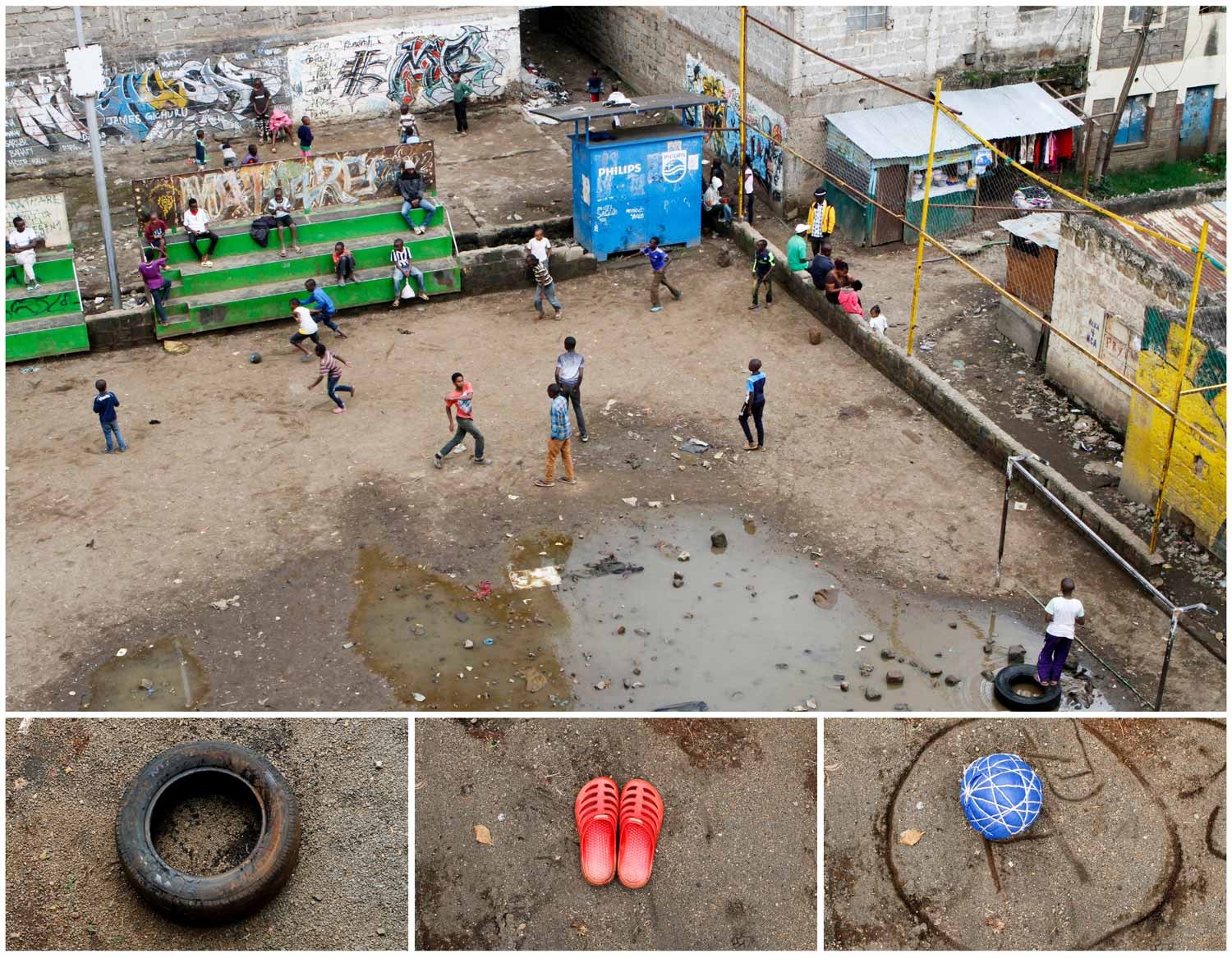  Um espa&ccedil;o coberto de lama nas favelas de Nai&oacute;ribi, no Qu&eacute;nia, &eacute; o local poss&iacute;vel para um grupo de crian&ccedil;as jogar futebol. Foto: Njeri Mwangi - Reuters   