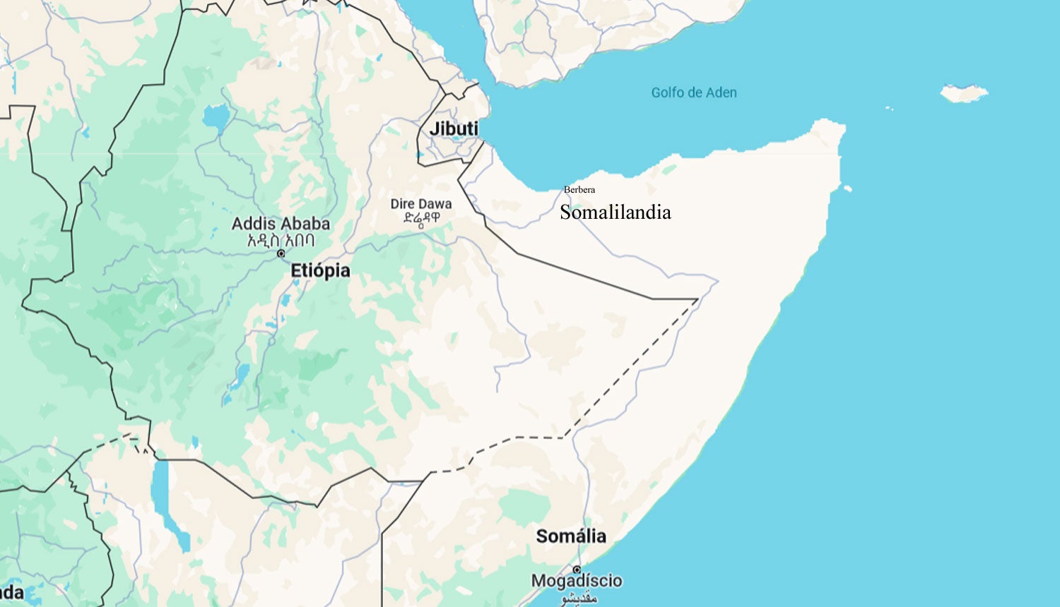 Mapa da Som&aacute;lia e da Eti&oacute;pia com &aacute;rea da Somalil&acirc;ndia Fonte: Google Maps/RTP