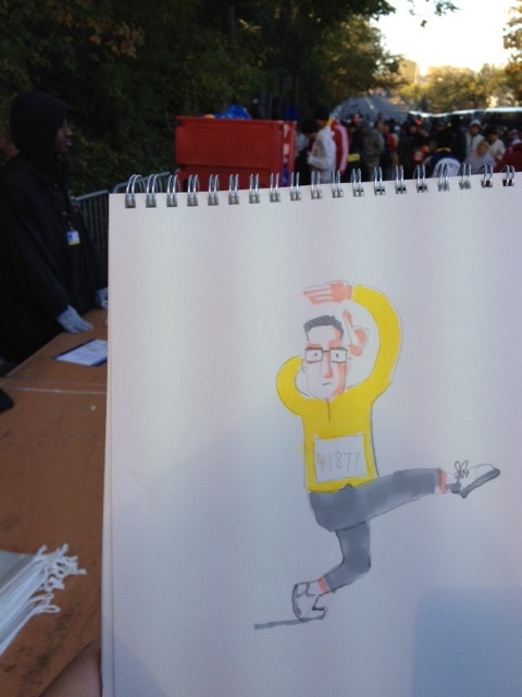  Christoph Niemann desenha-se a si pr&oacute;prio a preparar-se para inicar a corrida. 