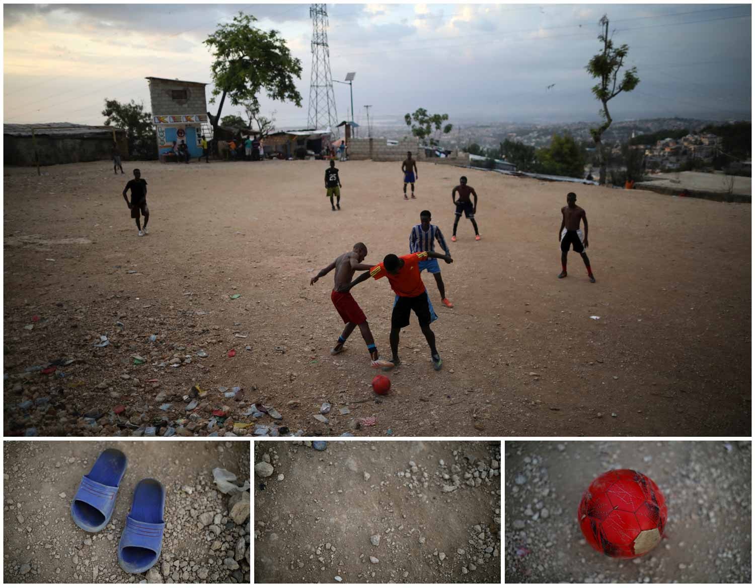  A combina&ccedil;&atilde;o de imagens mostra um grupo de jovens a jogar futebol de sand&aacute;lias num campo de terra em Porto Pr&iacute;ncipe, capital do Haiti. Foto: Andres Martinez Casares - Reuters 