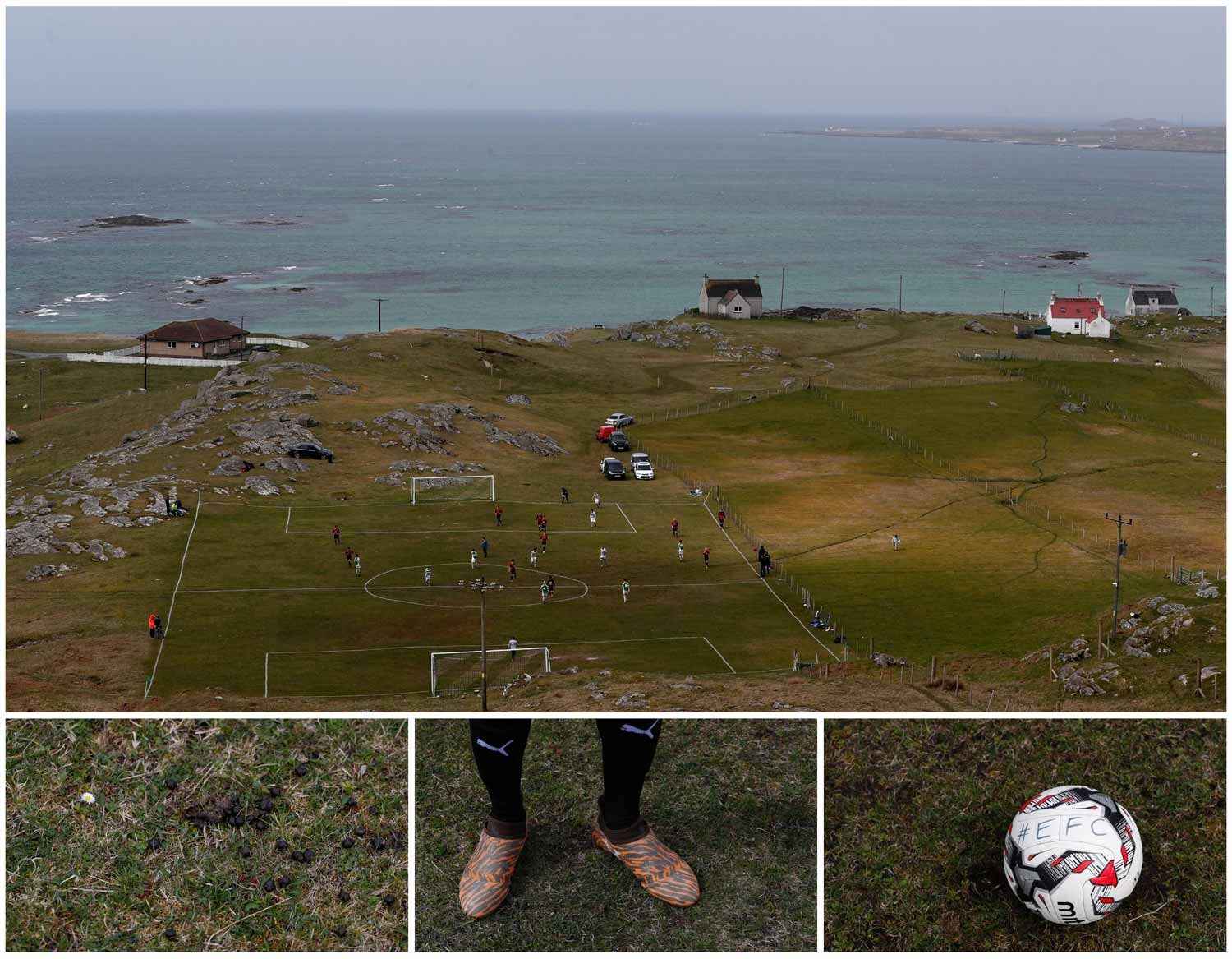  Em Eriskay, uma ilha da Esc&oacute;cia, um grupo de pessoas joga futebol num campo junto ao mar. Foto: Russell Cheyne - Reuters  