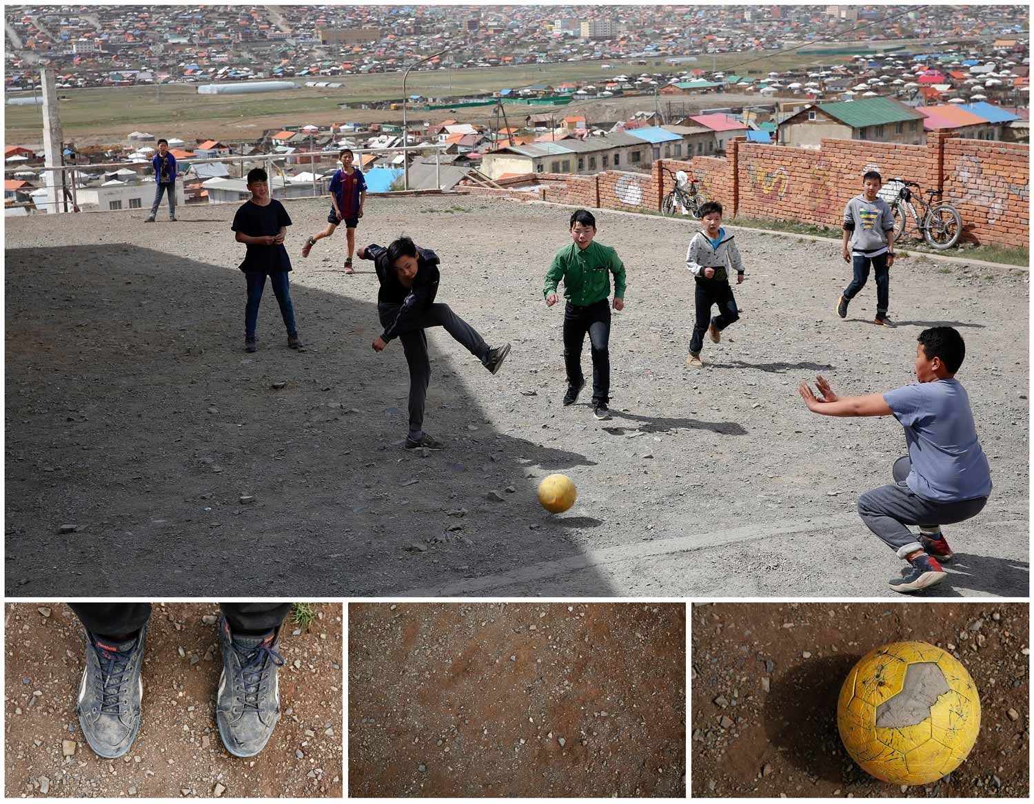  As imagens acima mostram um grupo de crian&ccedil;as a jogar futebol num campo improvisado em Bayanzurkh, distrito de Ulaanbaatar, capital da Mong&oacute;lia. Foto: Rentsendorj Bazarsukh - Reuters 
