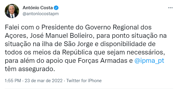 António Costa disponibiliza aos Açores «todos os meios» necessários para crise sísmica