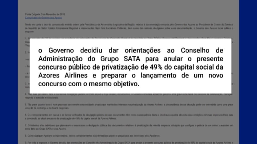Comunicado do Governo sobre a Azores Airlines